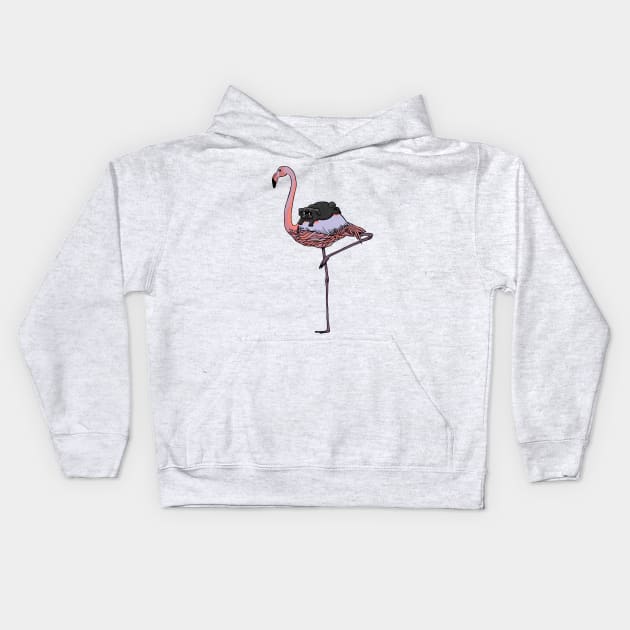 Flamingo and Black Pug Kids Hoodie by huebucket